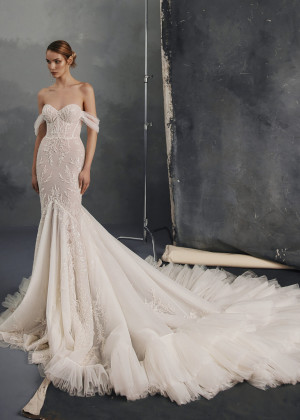 Off Shoulder Shiny Lace Tulle Wedding Dress With Frilled Train